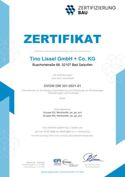 Rohrleitungsbau, Kabelverlegung, Kabeleinblasung und Erdarbeiten 2 DVGW GW 301:2021-01 Zertifizierung